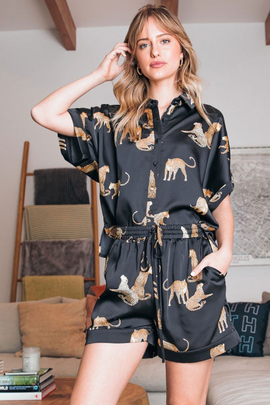 Cheetah Print Satin Lounge Set