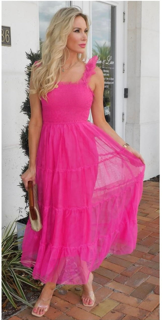 Aerin Sleeveless Tiered Tulle Midi Dress