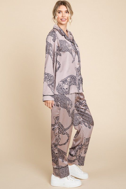 Lucia Satin Cheetah Print Pajama Set