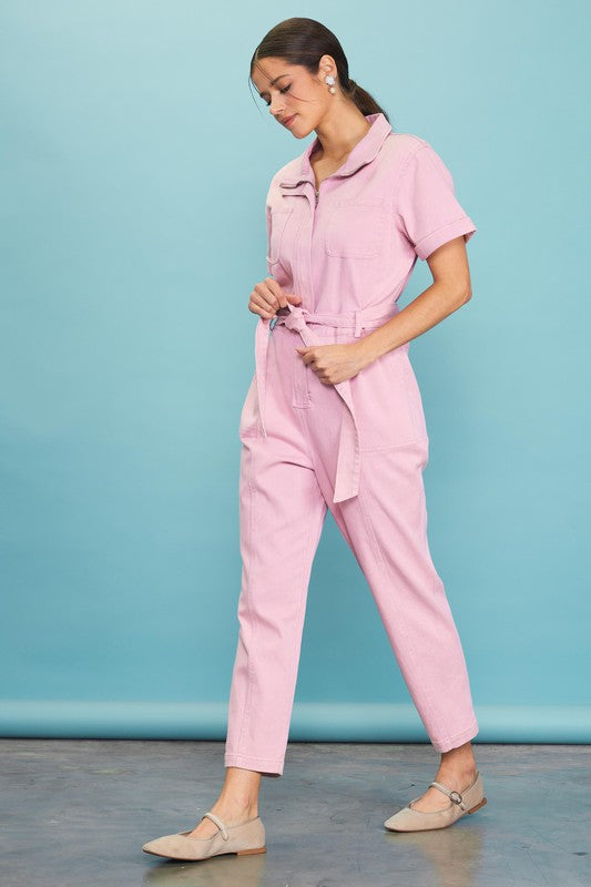 Margot Pink Zip-Up Utility Jumpsuit
